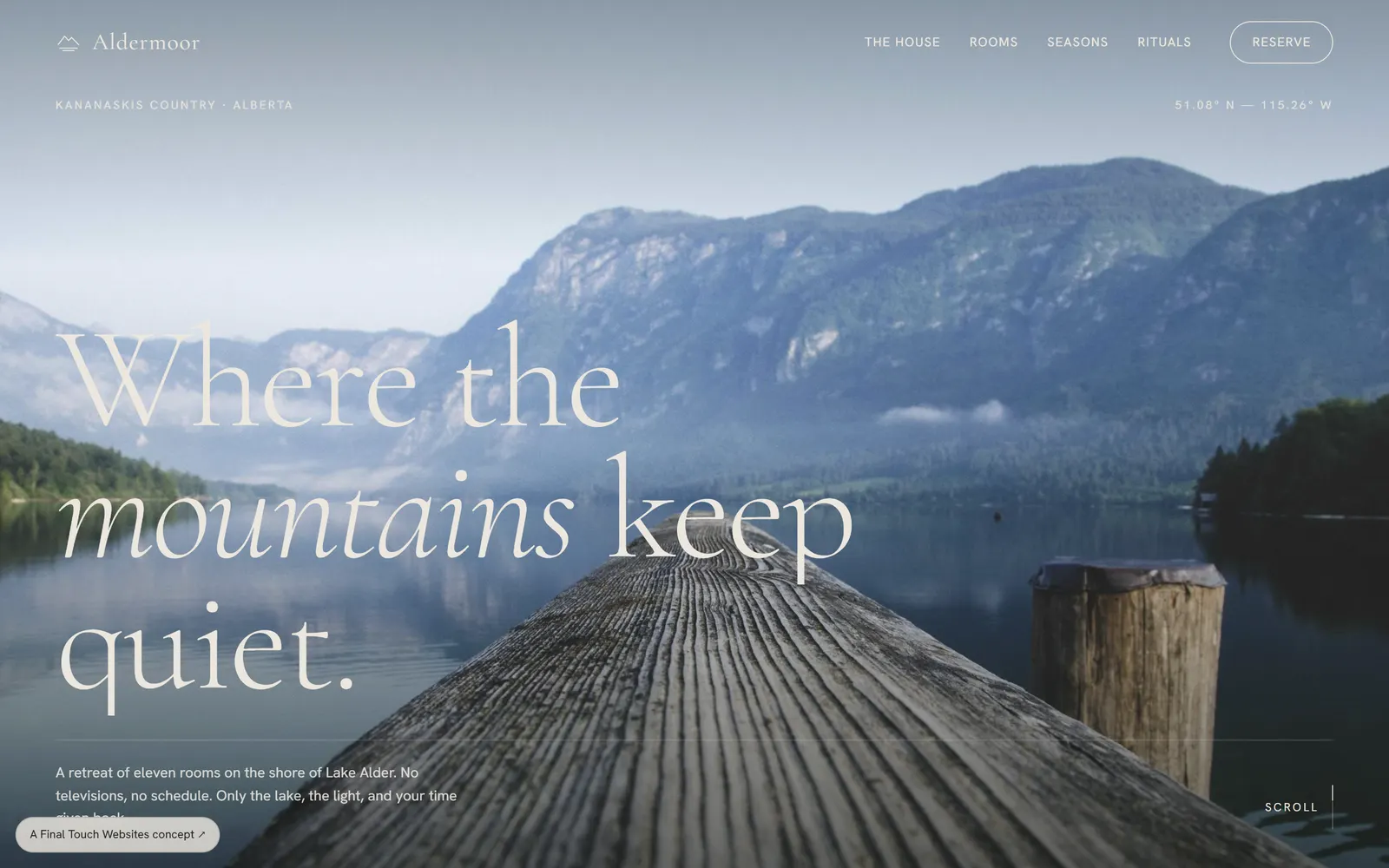 Aldermoor concept site hero over a mountain lake