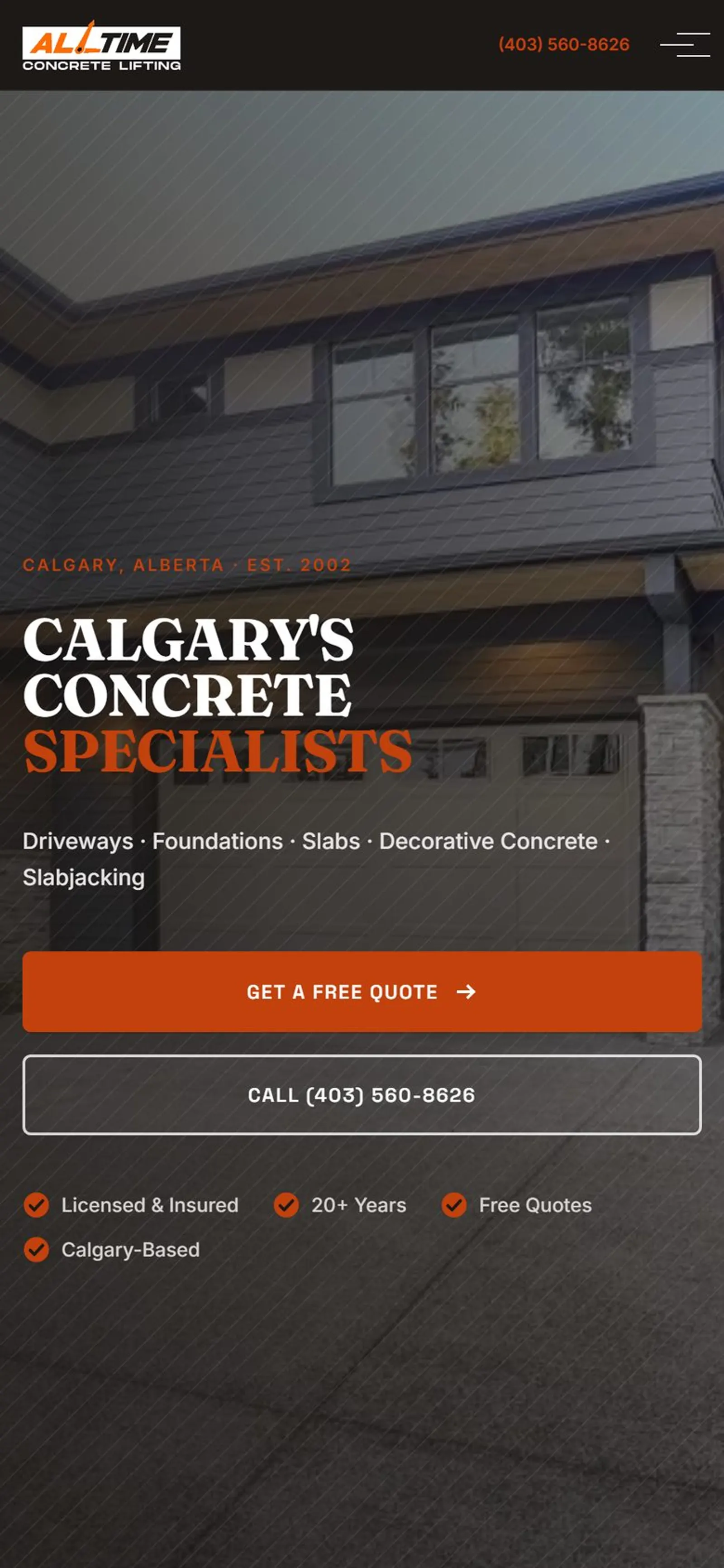 All Time Concrete Services website homepage