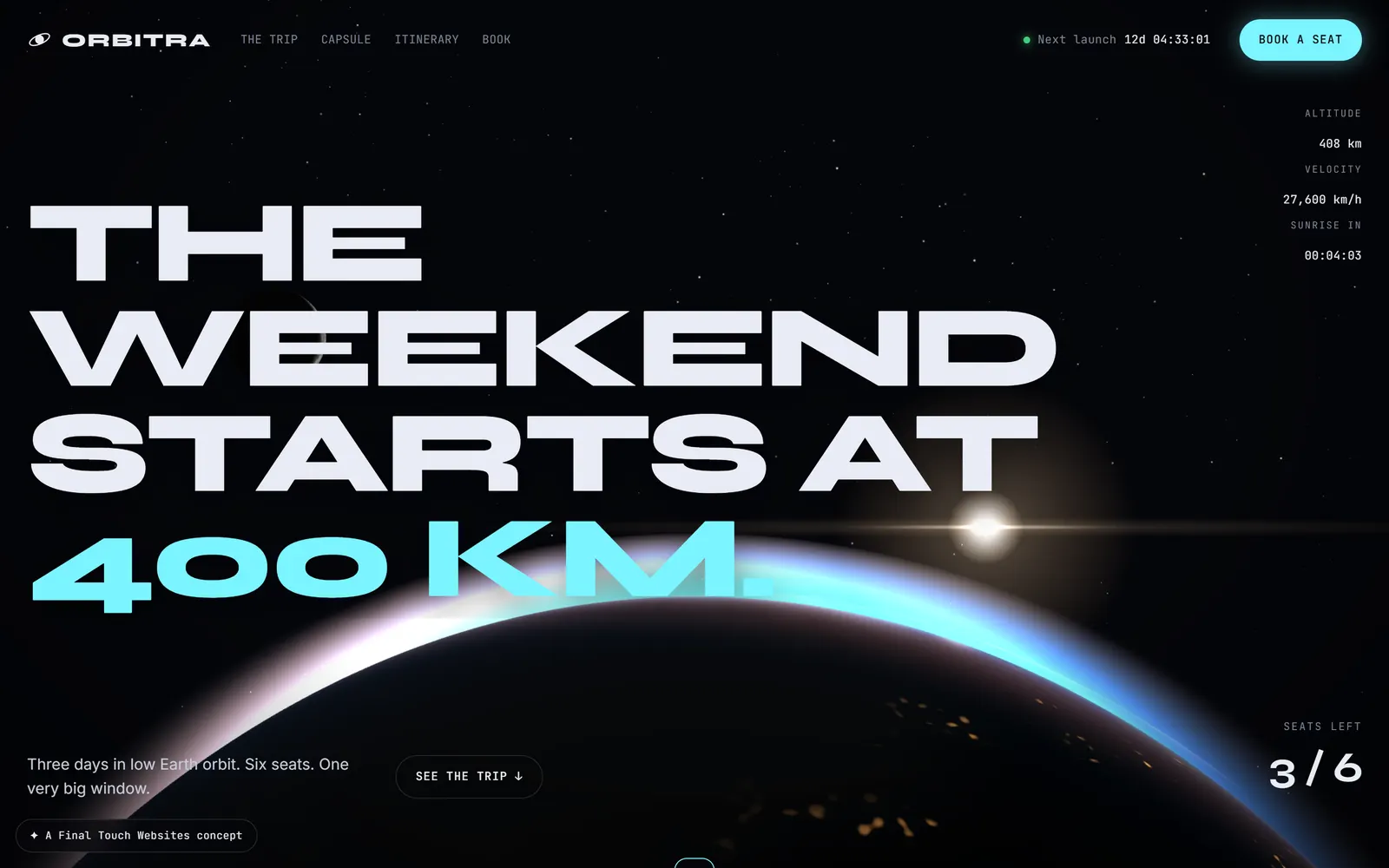 Orbitra concept site hero with a procedurally rendered planet